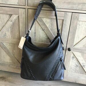 Alyssa Elegant Black Vegan Leather Shoulder Bag with Whip Stitch Detail NWT